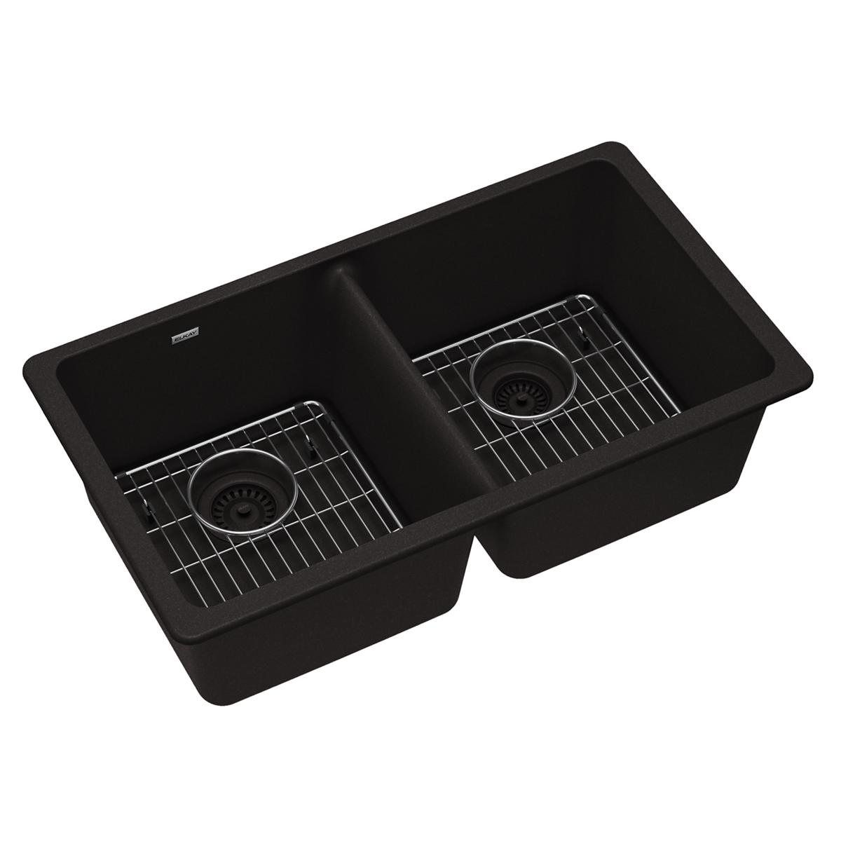 Black quartz double bowl undermount sink with two equal compartments, each with drain and metal grid insert.