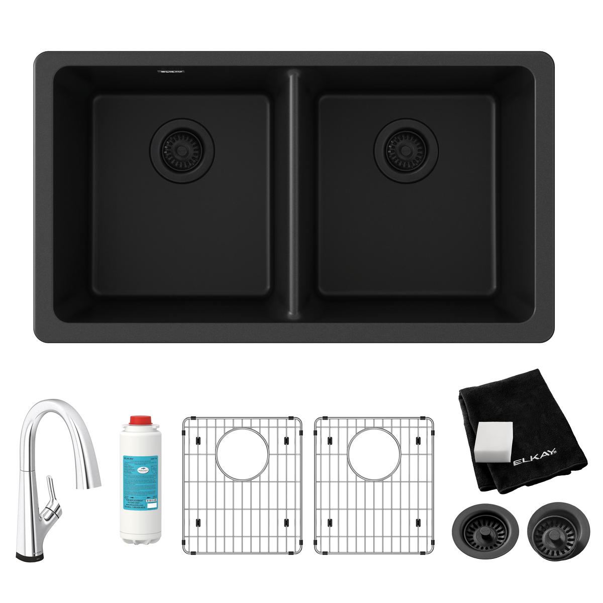 Black quartz double bowl undermount sink with two drain grids, filtered faucet, water filter cartridge, cloth, and drain stra