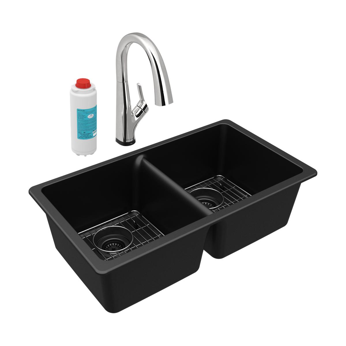 Black quartz double bowl undermount sink with chrome pull-down faucet, filter cartridge, and stainless steel basin grids.