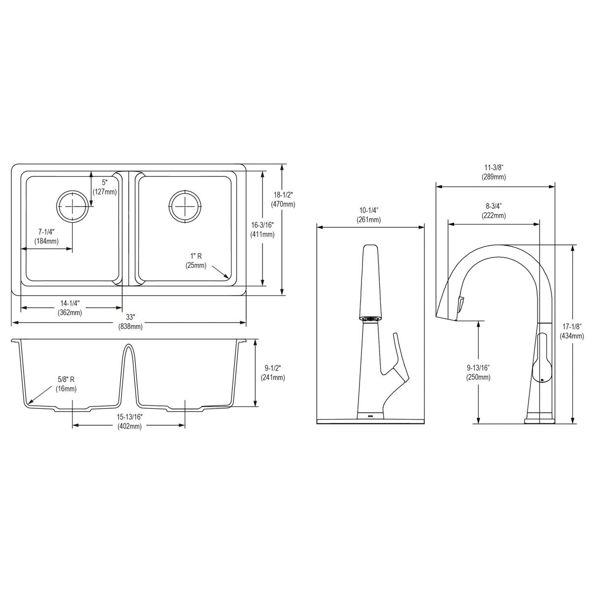 Greystone quartz equal double bowl undermount sink with filtered faucet, shown in technical drawings with dimensions.