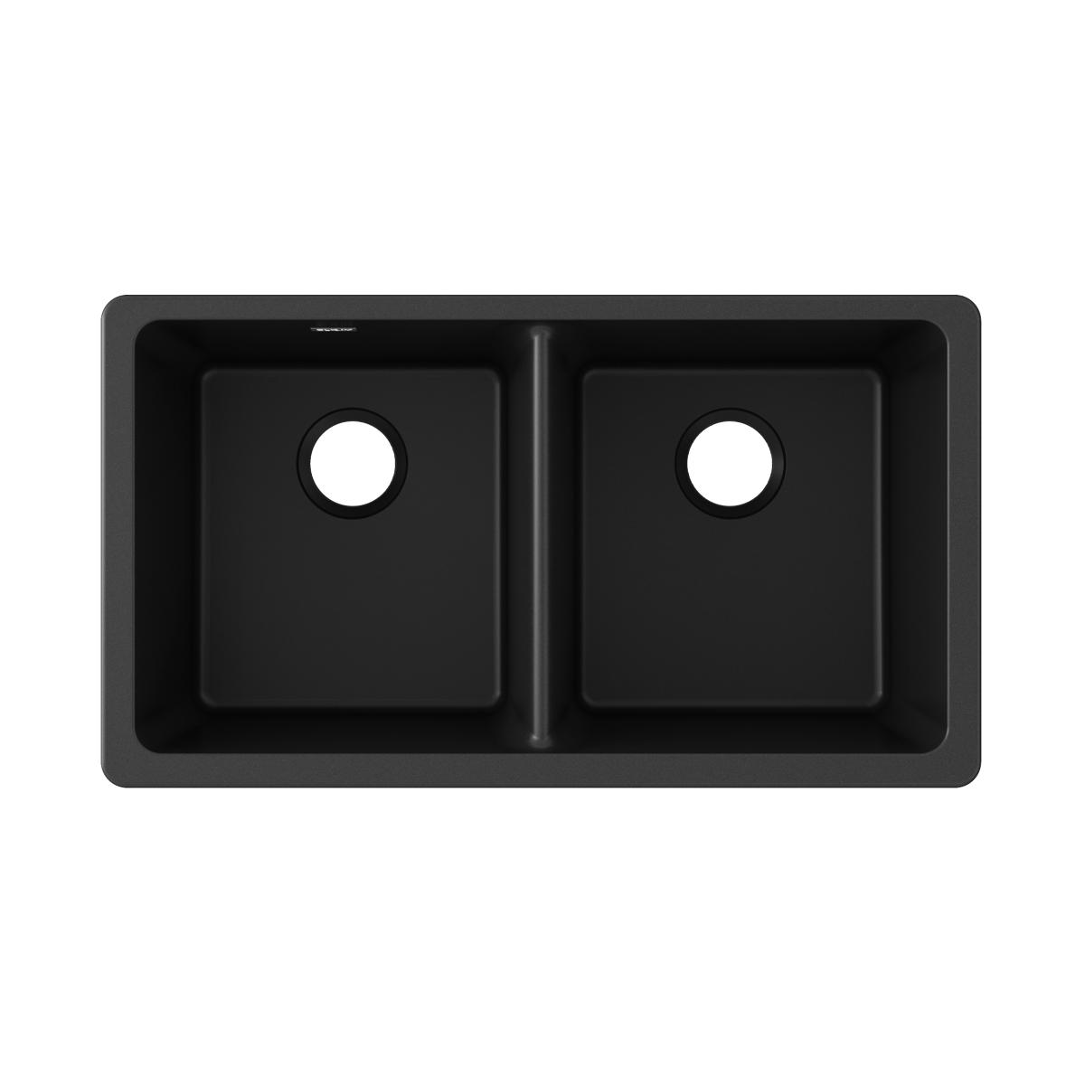 Black quartz double bowl undermount sink with two equal compartments and drain openings.