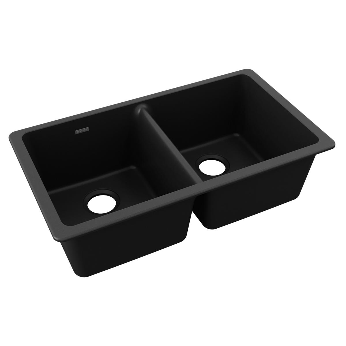Black quartz undermount sink with two equal rectangular bowls and drain holes.