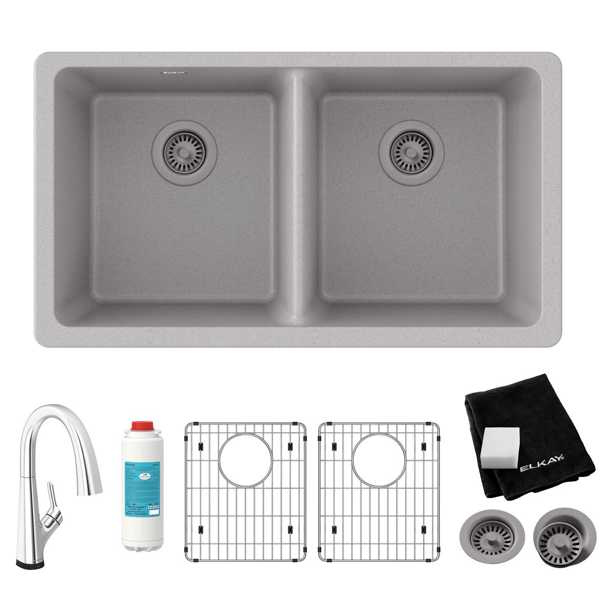 Greystone quartz double bowl undermount sink kit with filtered faucet, grid inserts, drain strainers, and cleaning cloth incl
