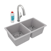 Greystone quartz double bowl undermount sink with chrome arc faucet, strainers, and water filter cartridge.