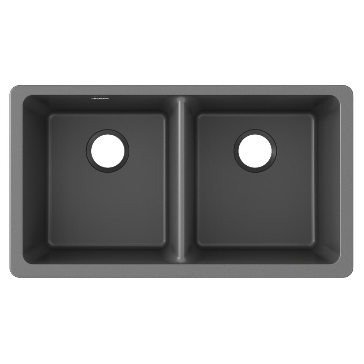Dusk gray quartz double bowl undermount sink with two equal-sized basins and drain holes.