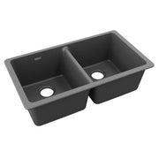Dusk gray quartz double bowl undermount sink with two equal-sized compartments and drain holes.