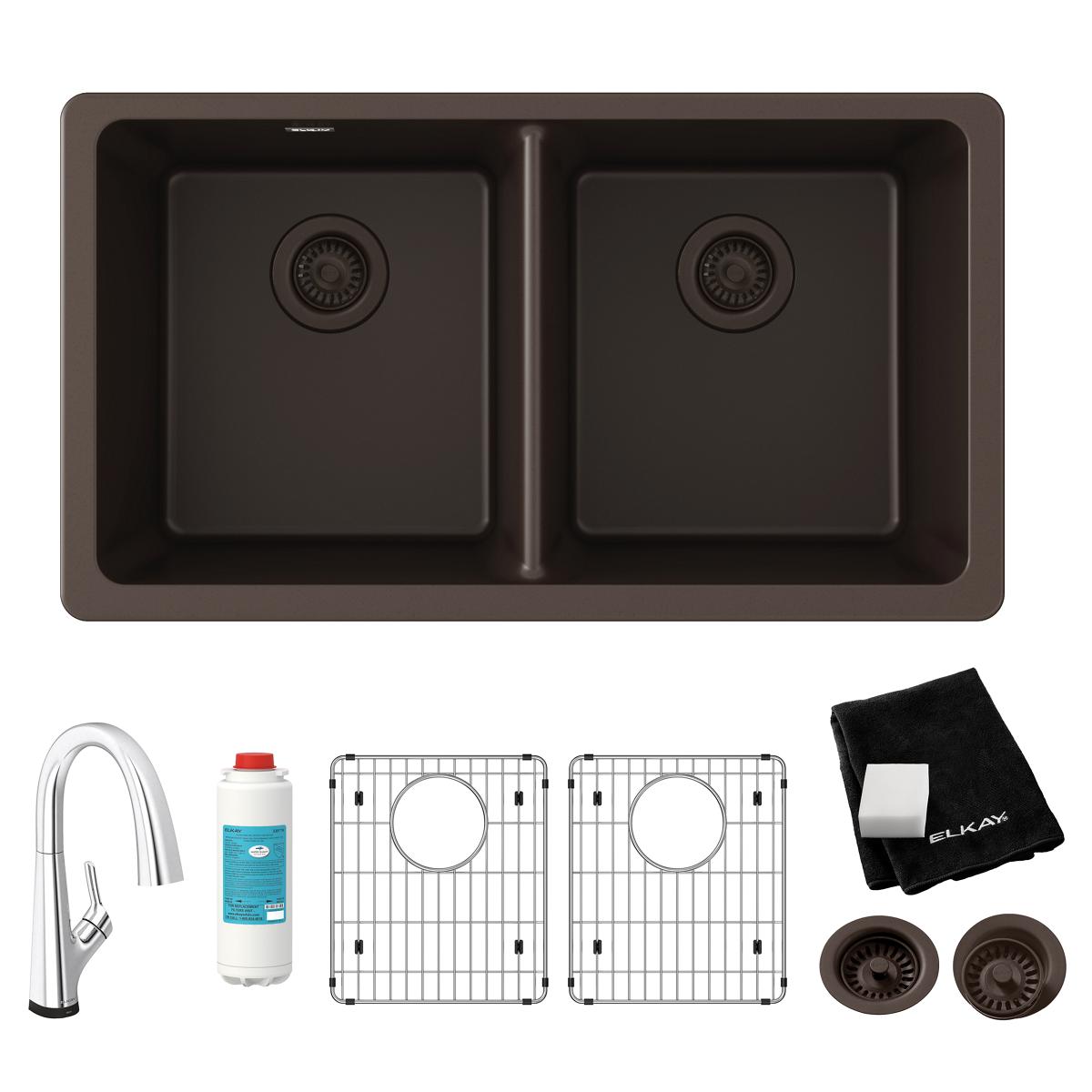 Mocha quartz double bowl undermount sink kit with filtered faucet, drain strainers, grid inserts, and cleaning cloth.