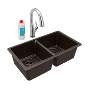 Mocha quartz double bowl undermount sink with chrome arched faucet, filter cartridge, and stainless steel basin grids.