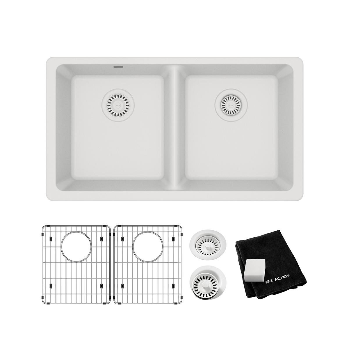 White quartz undermount double bowl sink with two grid inserts, two drain strainers, and black cloth included.