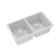 White quartz double bowl undermount sink with equal-sized compartments and integrated drain strainers.