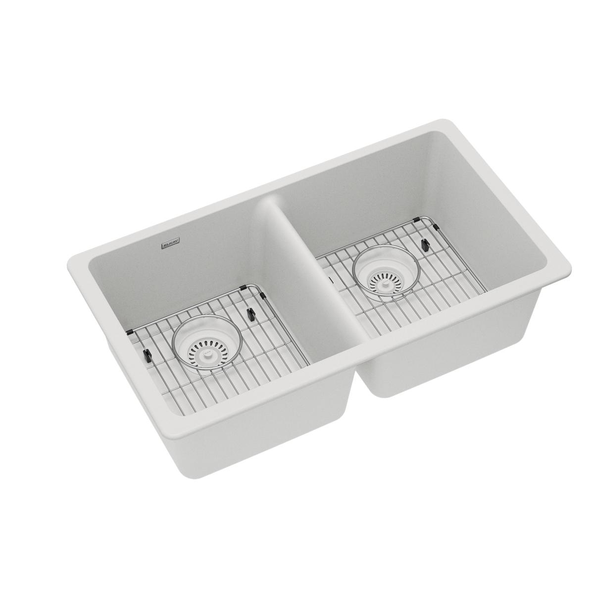 White quartz double bowl undermount sink with equal-sized compartments and integrated drain strainers.
