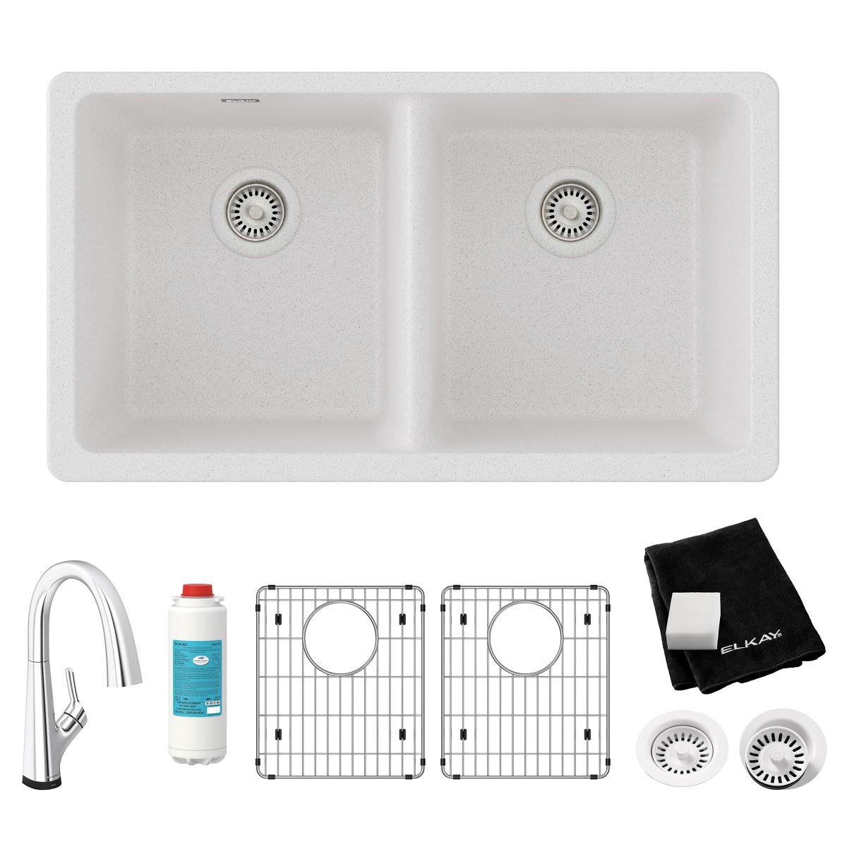 White quartz double bowl undermount sink with two drains, accompanied by a filtered faucet, grid inserts, and accessories.
