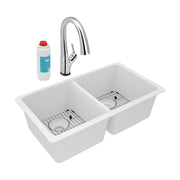 White quartz double bowl undermount sink with chrome pull-down faucet and filter cartridge included.