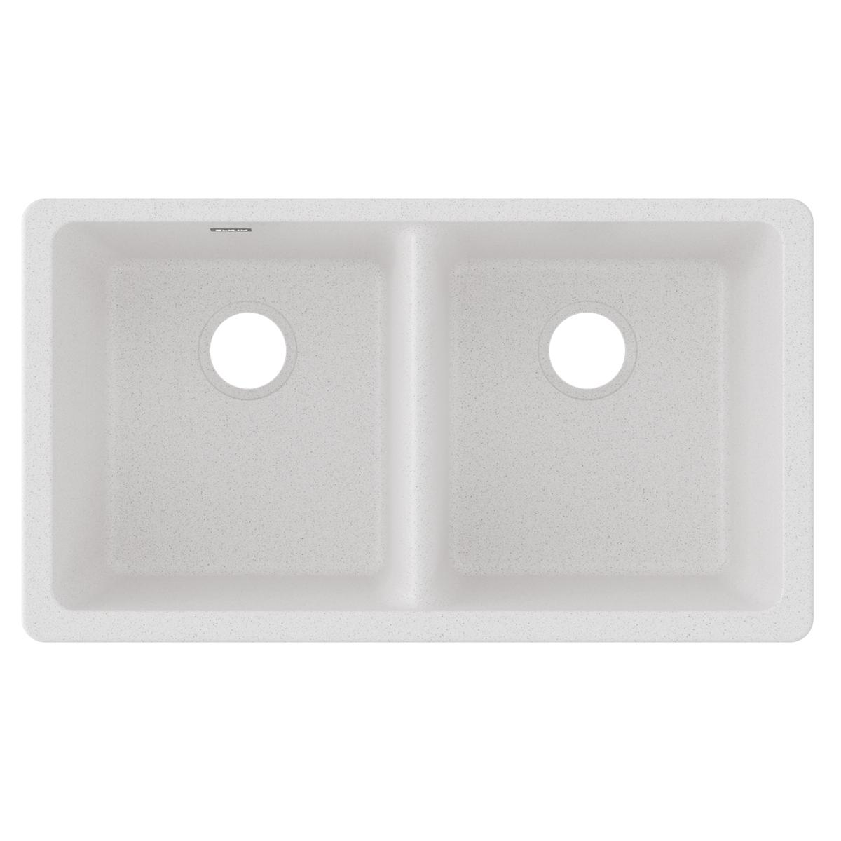 White quartz double bowl undermount sink with two equal-sized basins and drain holes.