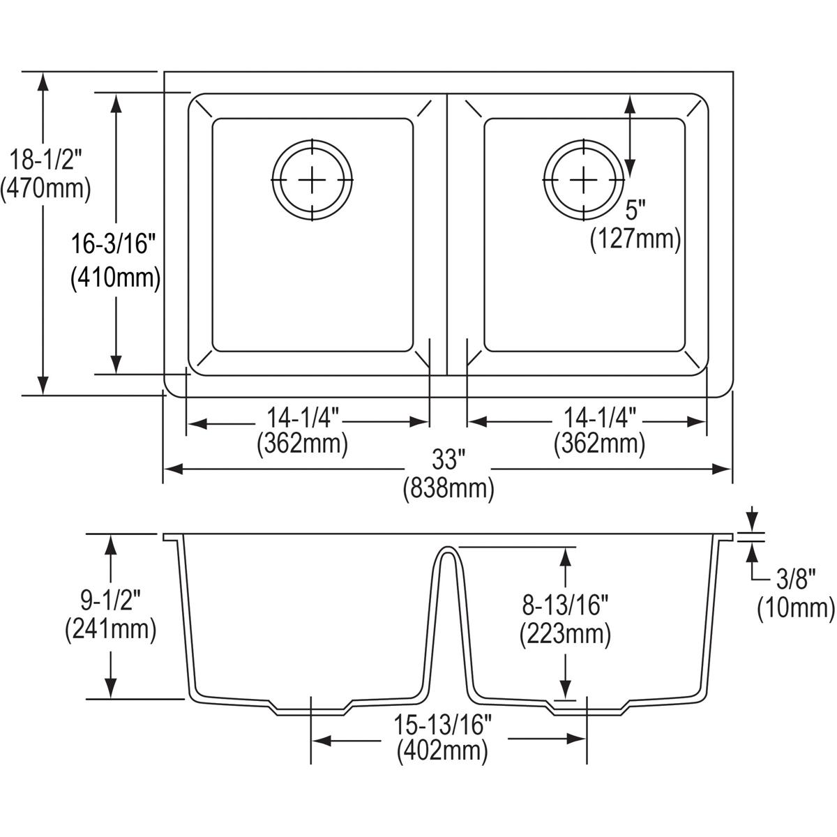 Black quartz double bowl undermount sink with two equal compartments and drain openings, top and side view technical diagram.