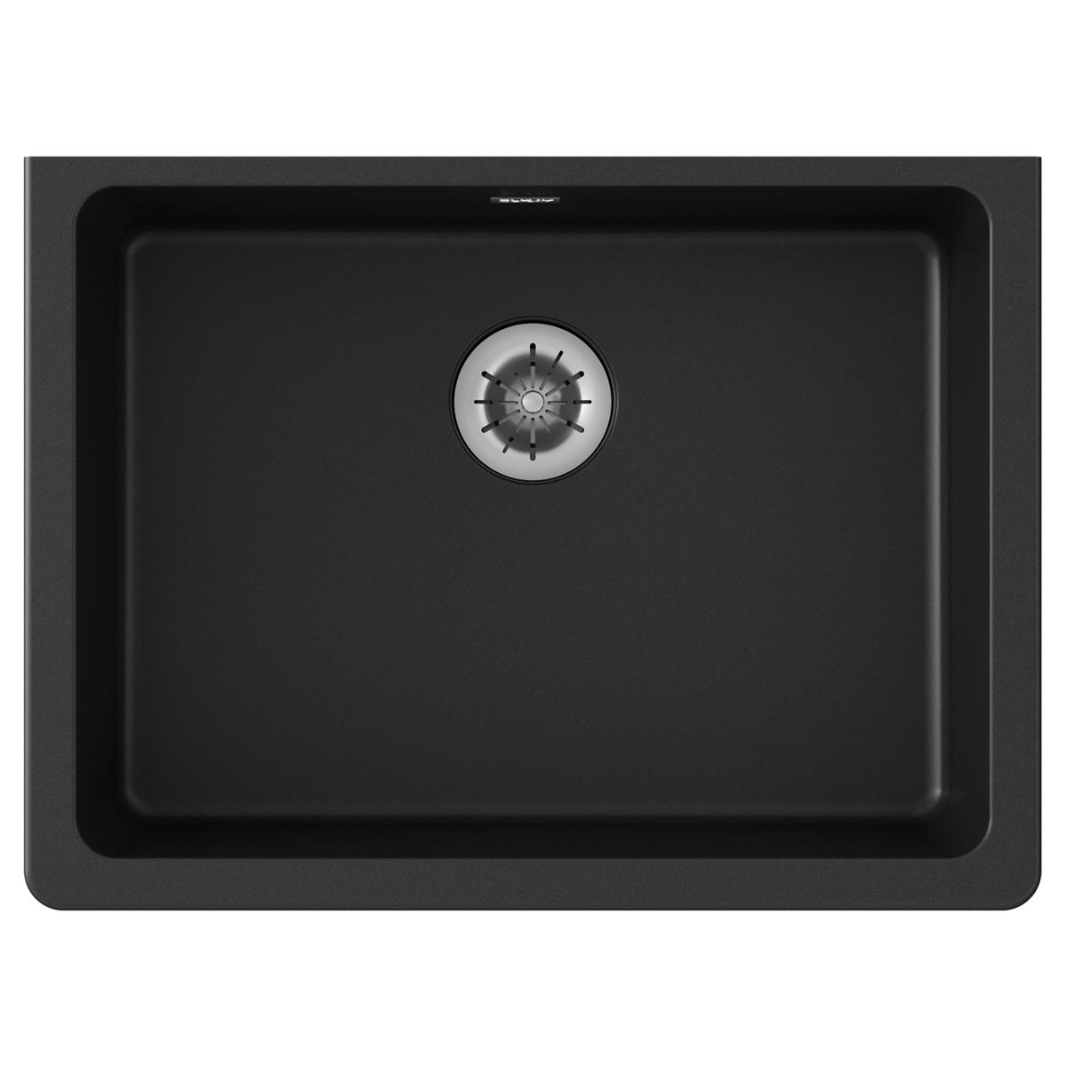 Black quartz single-bowl undermount sink with rounded corners and circular drain opening, viewed from above.