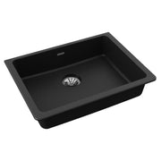 Black quartz undermount sink with single bowl and drain strainer shown from above.