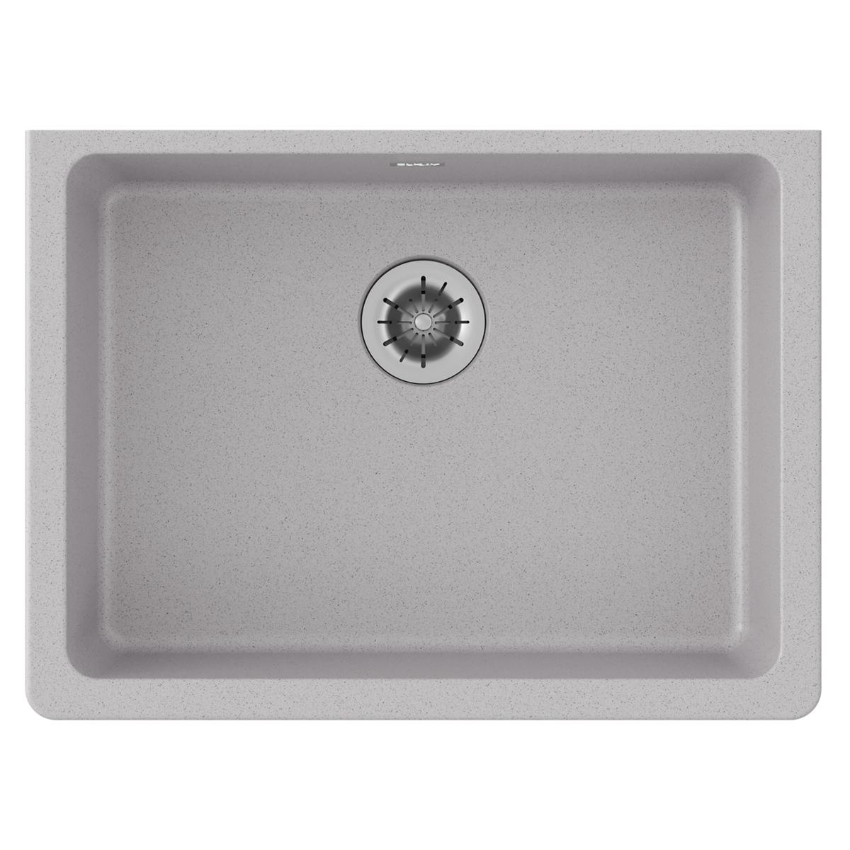 Greystone quartz single bowl undermount sink with drain strainer visible from above.