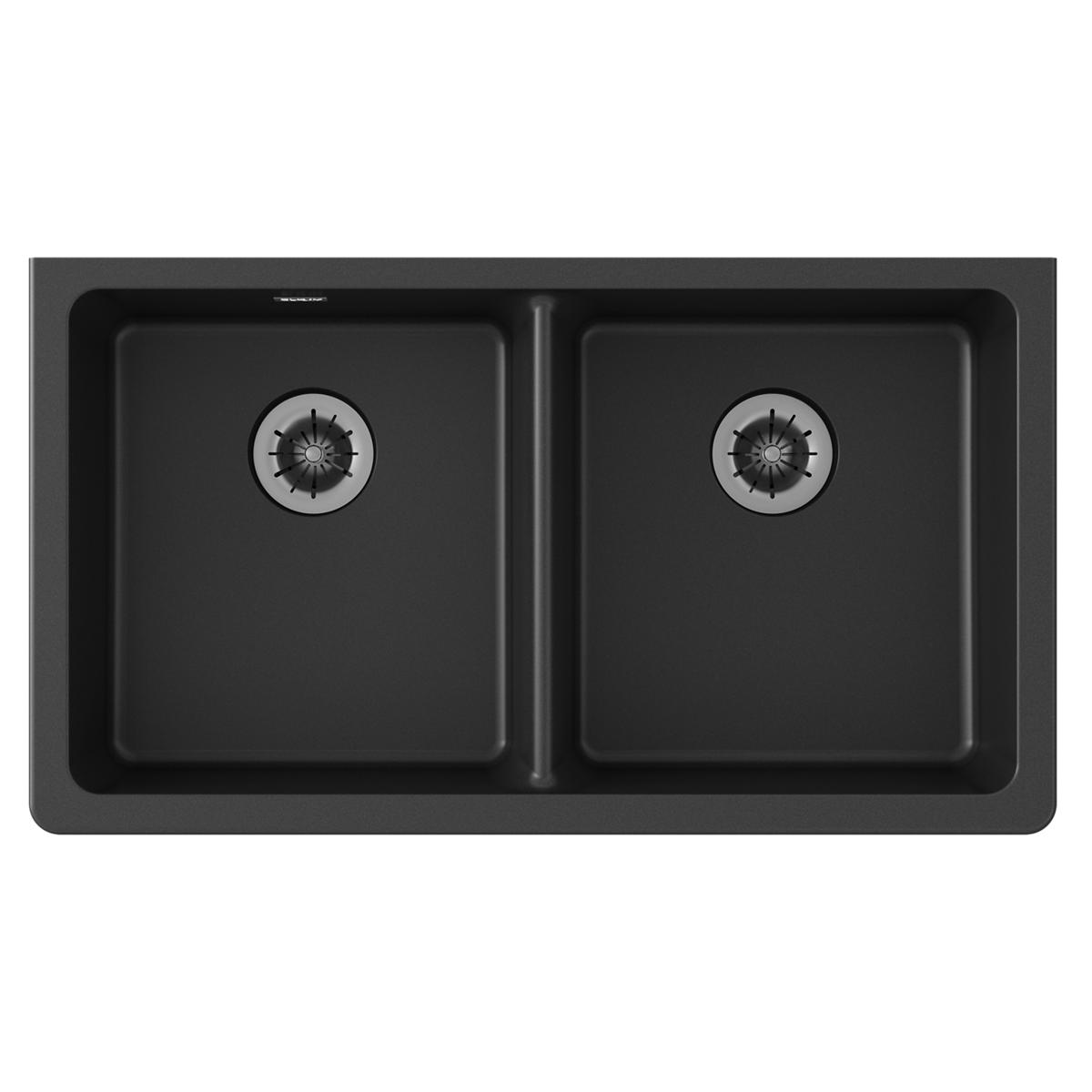 Black quartz double bowl undermount sink with two drain strainers, viewed from above.