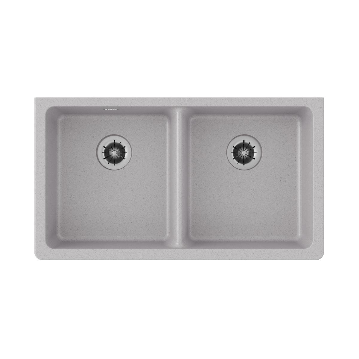 Greystone quartz double bowl undermount sink with two drains and rounded edges, viewed from above.