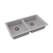 Greystone quartz double bowl undermount sink with two drains and divided basin.