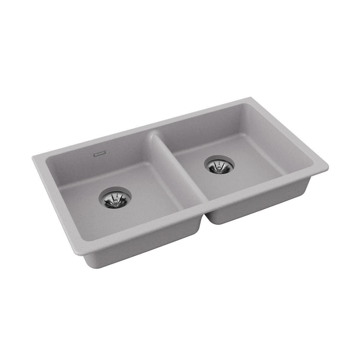 Greystone quartz double bowl undermount sink with two drains and divided basin.