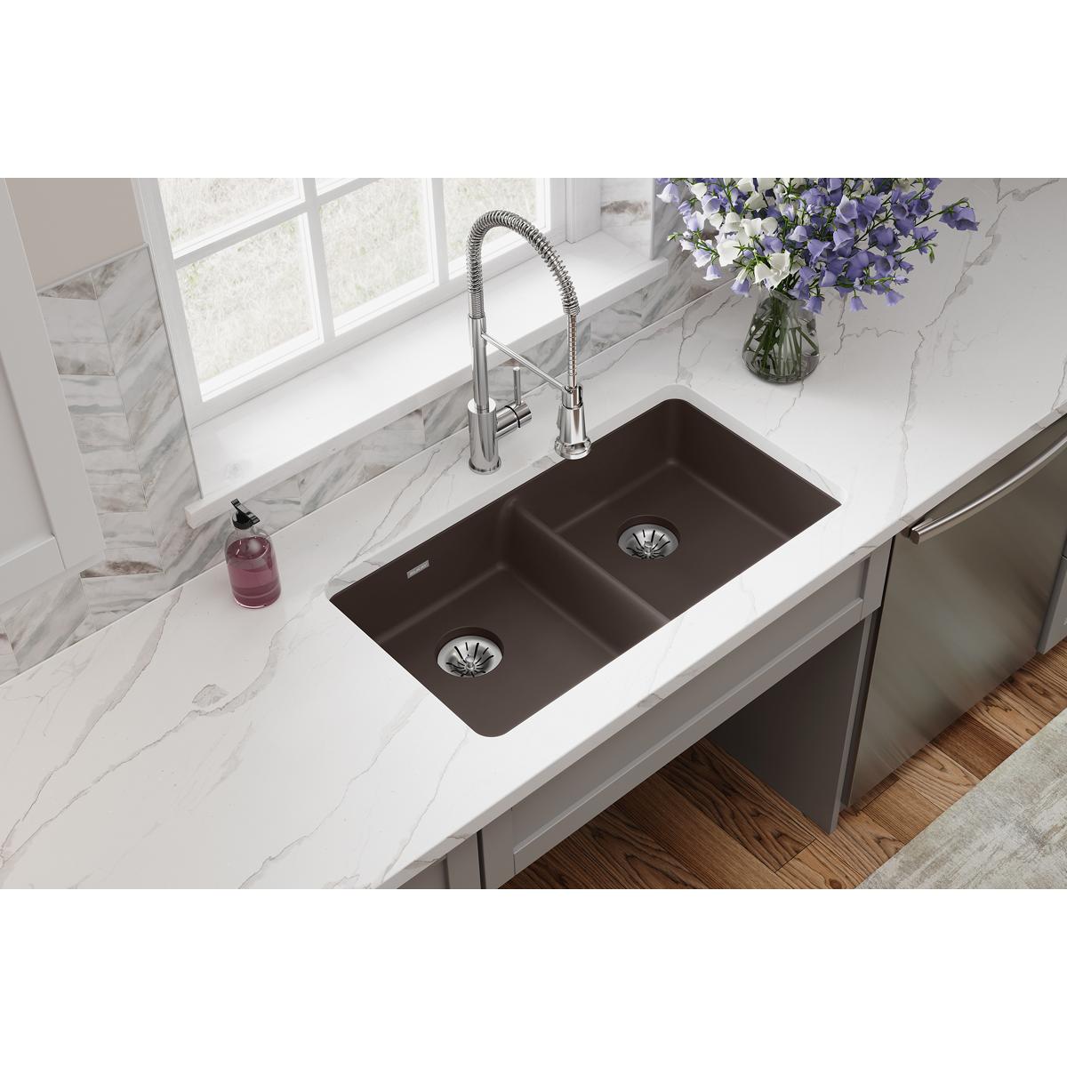 Elkay Quartz Classic 33" x 18-1/2" x 5-1/2", Double Bowl Undermount ADA Sink with Perfect Drain, Mocha