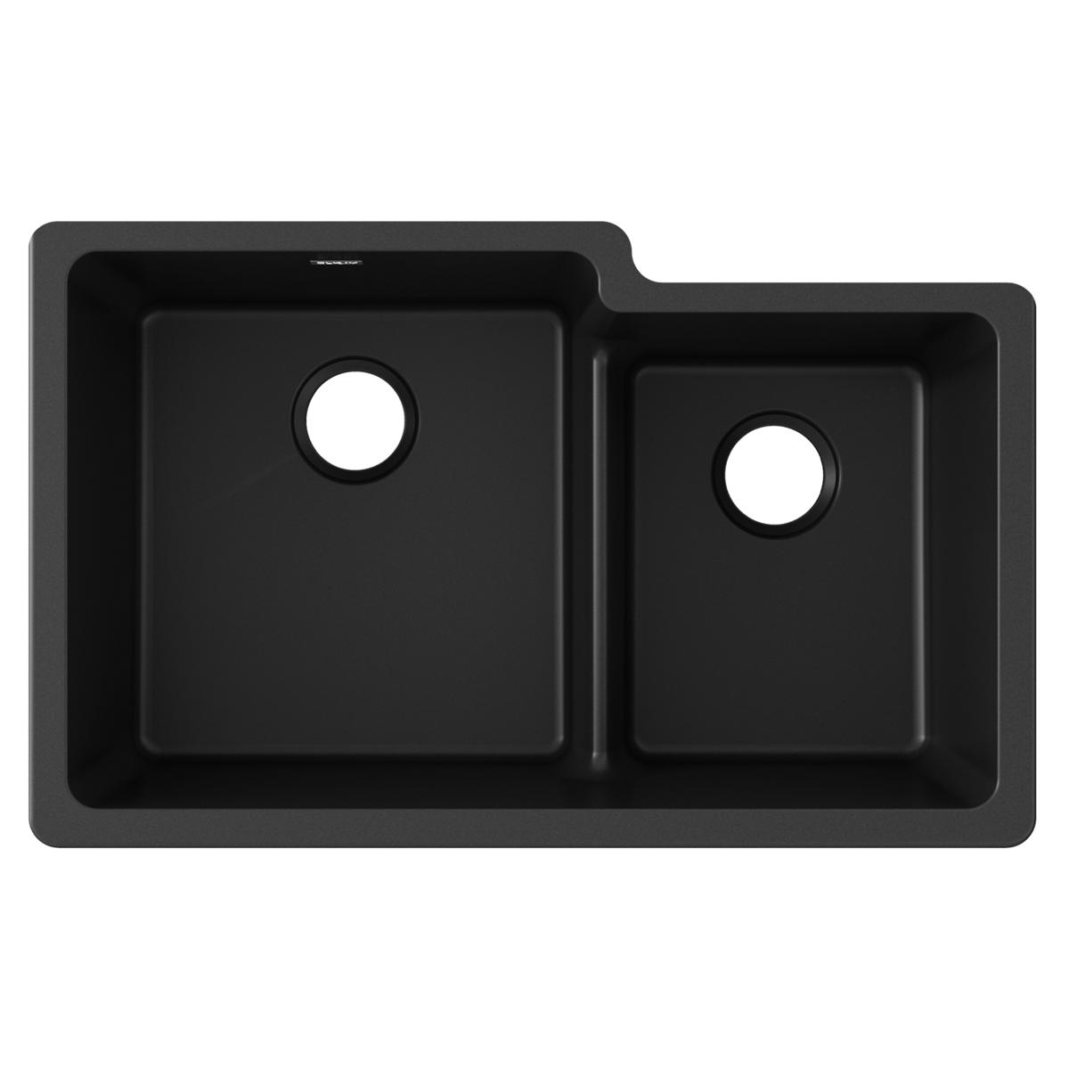 Black quartz double bowl undermount sink with larger left basin and smaller right basin, each with drain hole.