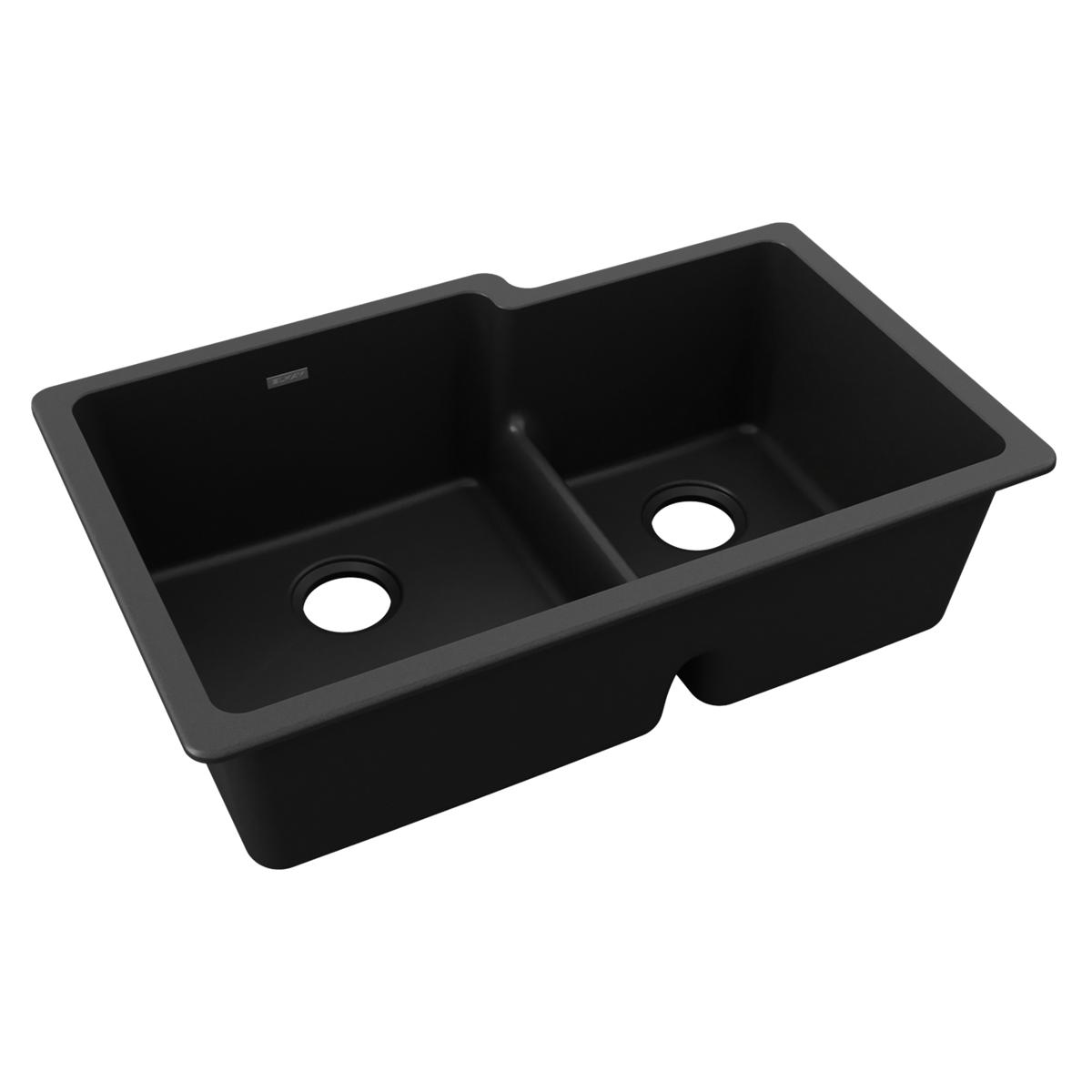 Black quartz undermount sink with two unequal bowls and center divider.