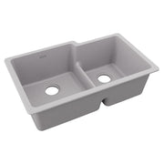 Greystone quartz double bowl undermount sink with unequal 60/40 basin sizes and center divider.