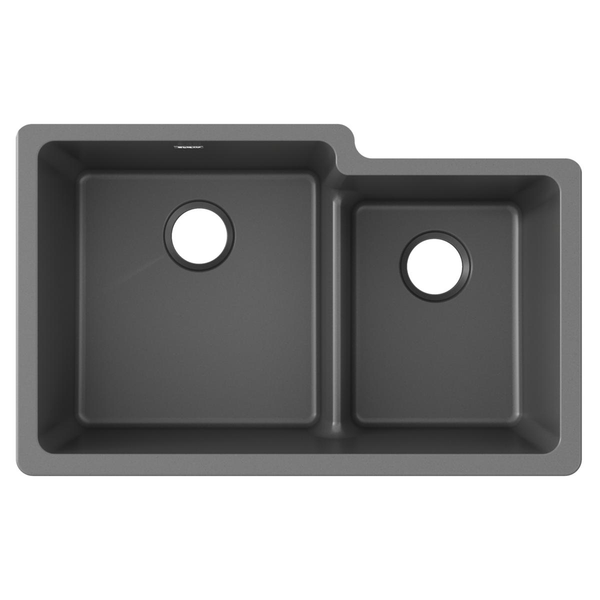 Dusk gray quartz double bowl undermount sink with offset 60/40 configuration and drain holes.