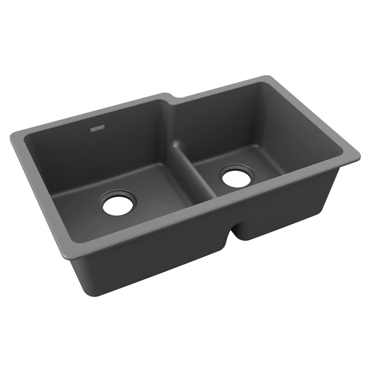Dusk gray quartz double bowl undermount sink with offset 60/40 configuration and center divider.
