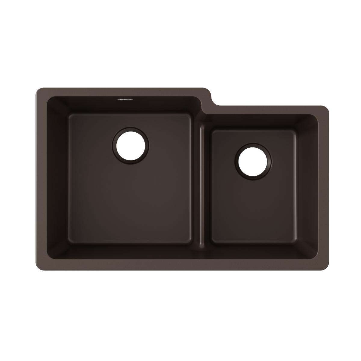 Mocha quartz double bowl undermount sink with larger left basin and smaller right basin, each with drain opening.