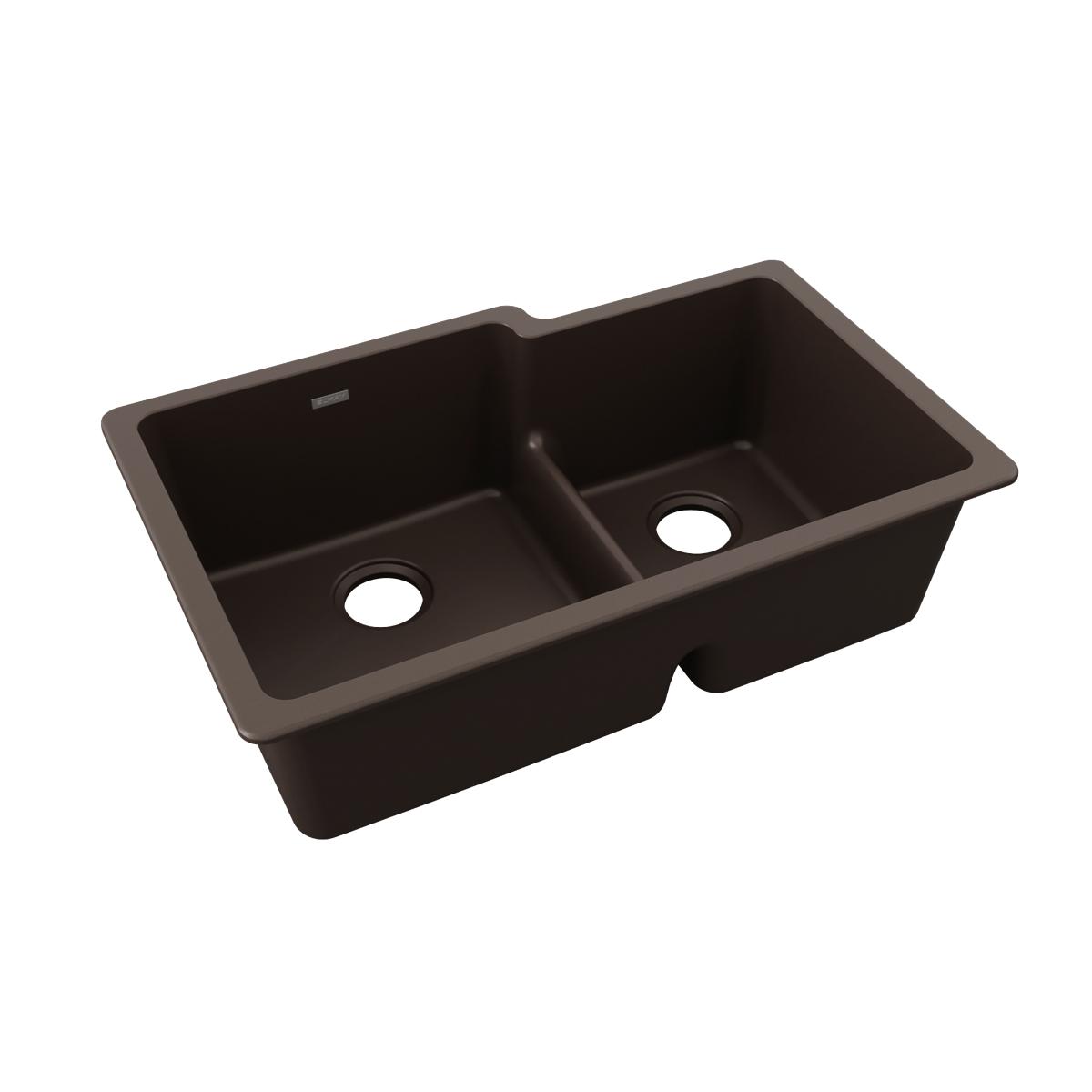 Mocha quartz double bowl undermount sink with unequal 60/40 bowls and center divider.