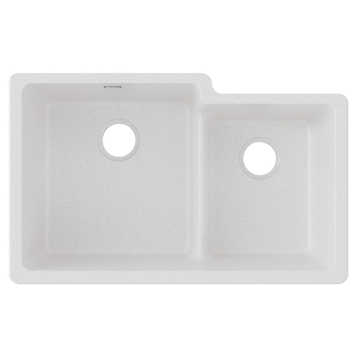 White quartz double bowl undermount sink with offset 60/40 configuration and two drain holes.