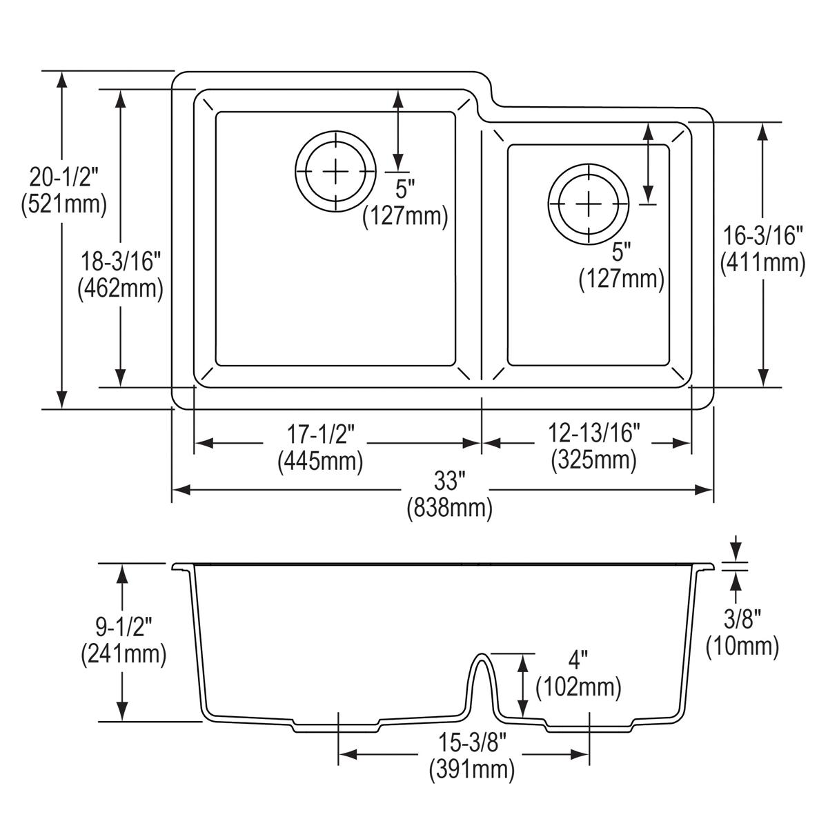 Technical specification diagram of white quartz double bowl undermount sink showing offset 60/40 configuration with drain loc