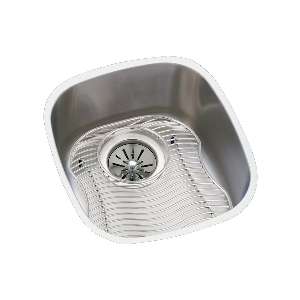 Stainless steel single bowl undermount sink with rounded corners, drain hole, and protective grid insert.