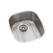 Stainless steel single bowl undermount sink with rounded corners, drain hole, and protective grid insert.