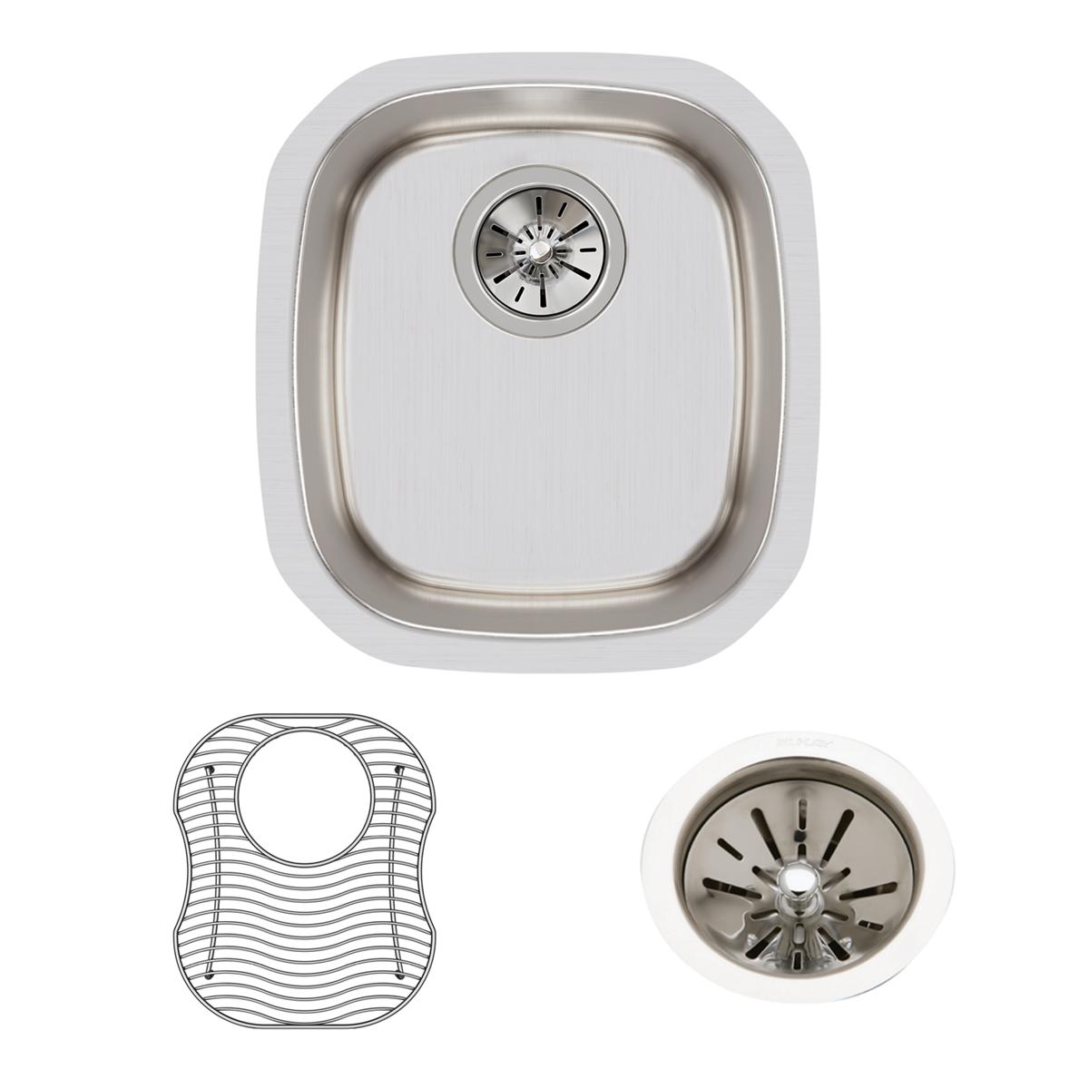 Stainless steel single bowl undermount sink with drain basket and strainer, shown from above and with accessories.
