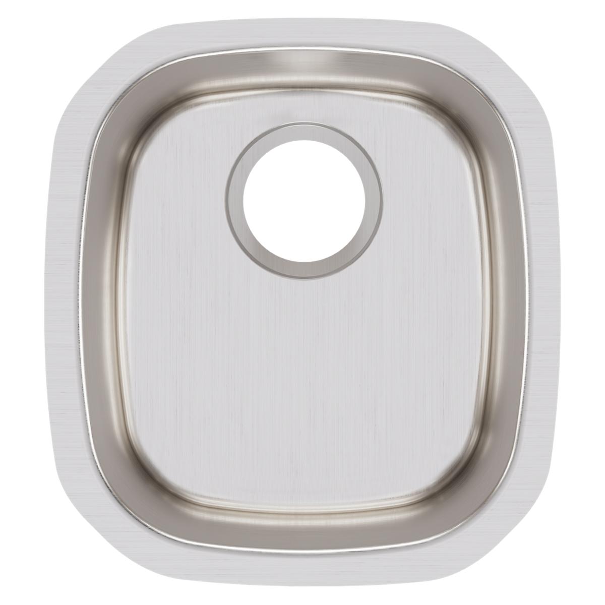 Stainless steel single bowl undermount sink with brushed finish and drain hole, viewed from above.