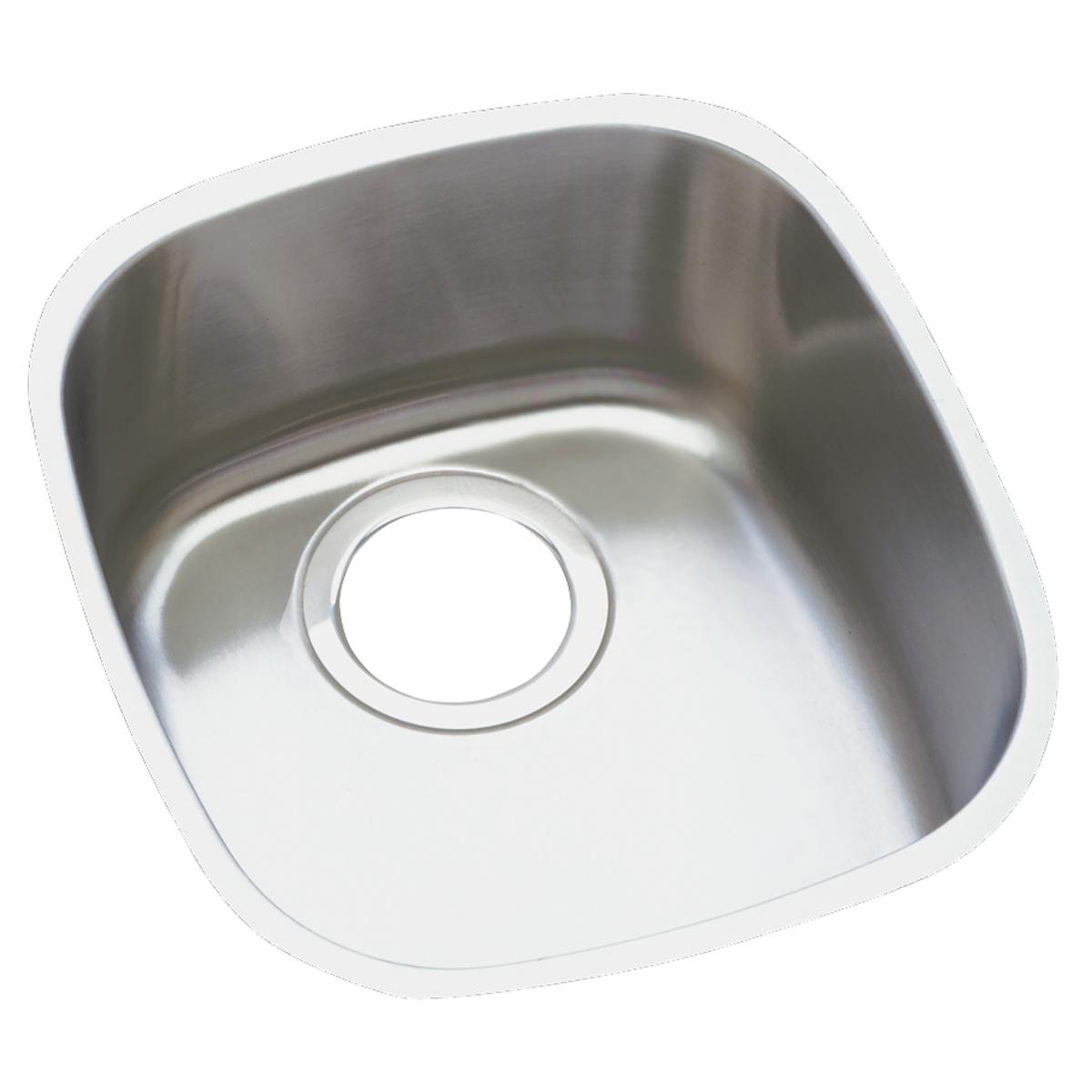 Stainless steel single bowl undermount sink with rounded corners and drain hole visible from above.