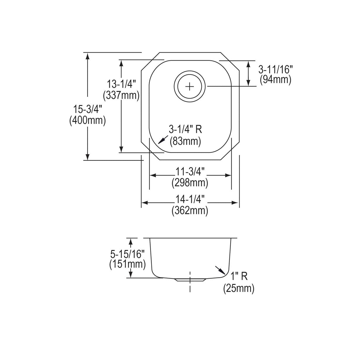 Technical diagram showing top and side views of a single bowl undermount stainless steel sink with dimensions and drain hole 