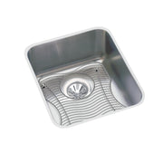 Stainless steel single bowl undermount sink with rounded corners and included bottom grid and drain strainer.