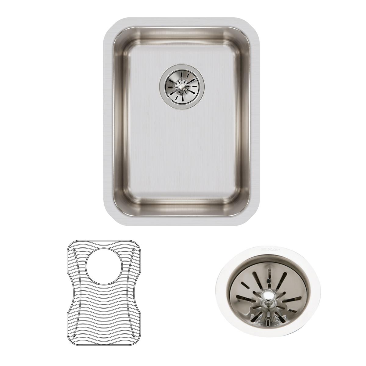 Stainless steel undermount sink bowl with drain basket and protective grid mat included.