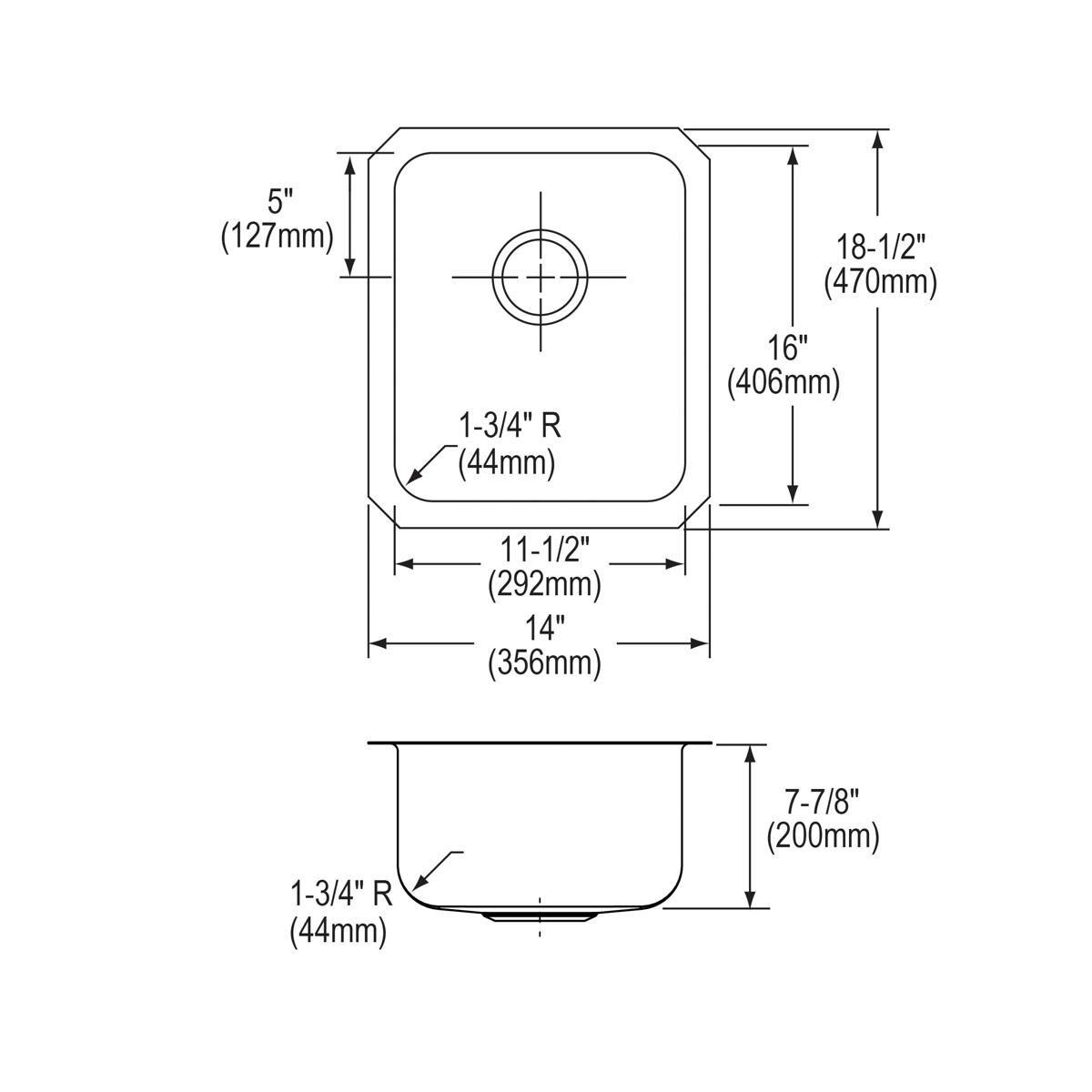 Stainless steel single bowl undermount sink with rounded corners and center drain opening, shown in top and side cross-sectio