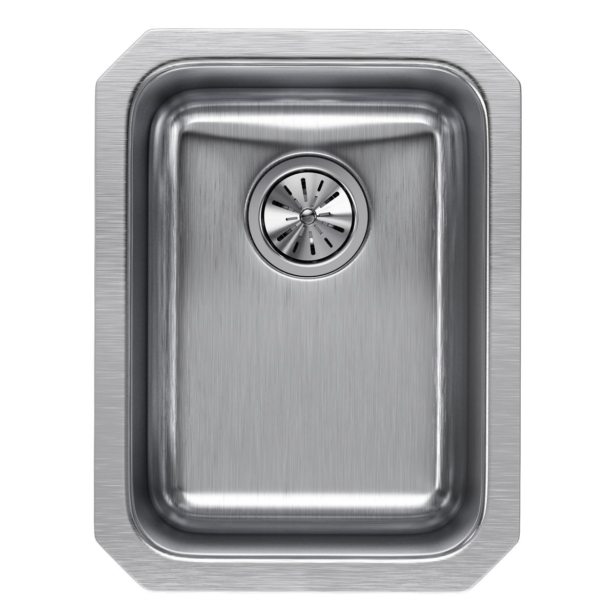 Stainless steel single bowl undermount sink with brushed finish and centered drain strainer, viewed from above.