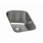 Stainless steel single bowl undermount sink with rounded corners and drain basket visible at bottom.