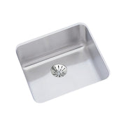 Stainless steel single bowl undermount sink with rounded corners and centered drain basket on white background.