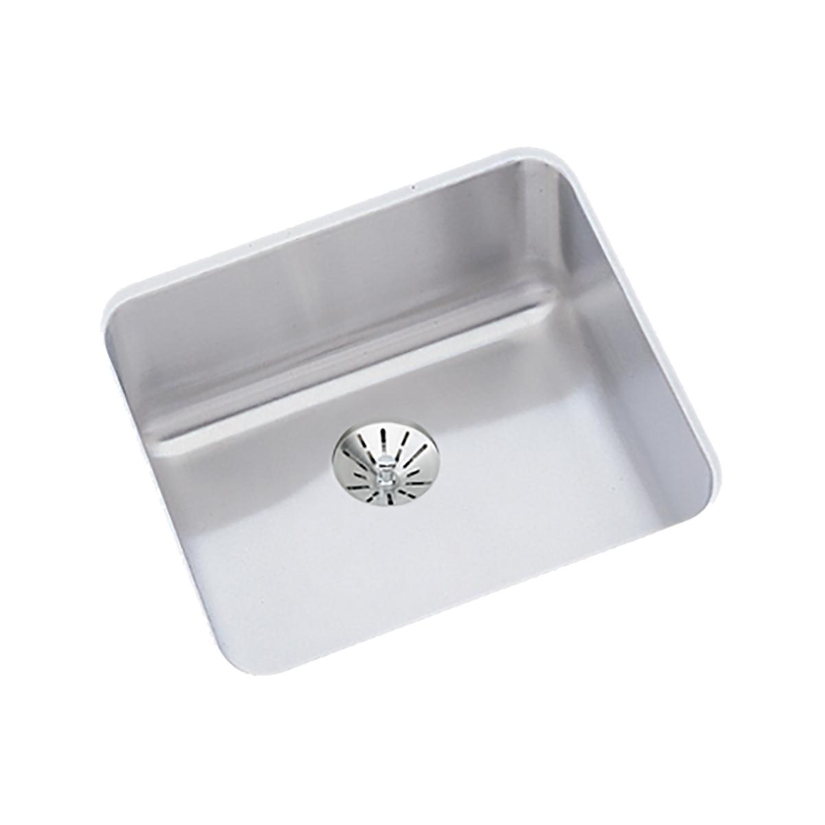 Stainless steel single bowl undermount sink with rounded corners and centered drain basket on white background.