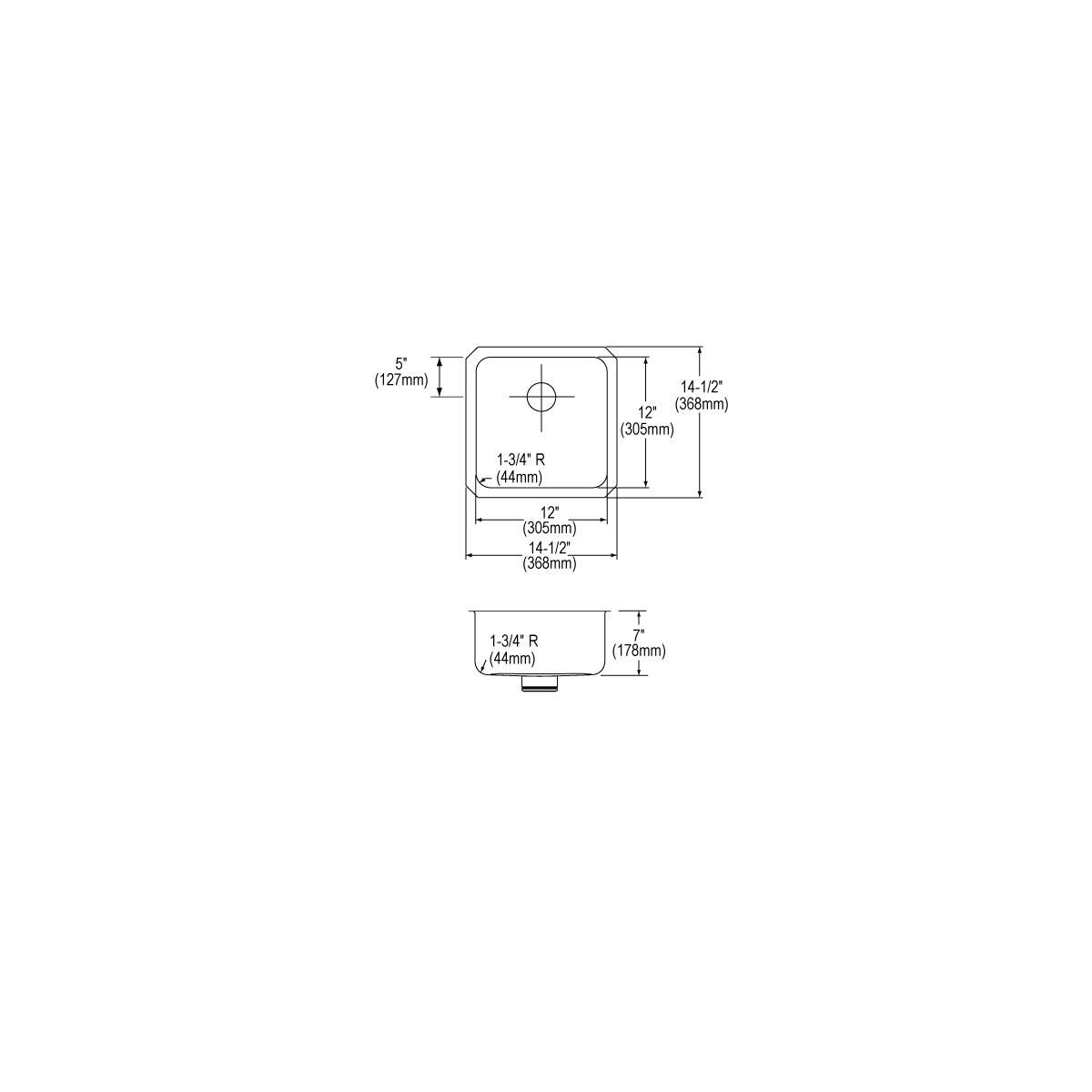 Technical drawing of a square stainless steel undermount sink with rounded corners, showing top and side views with dimension